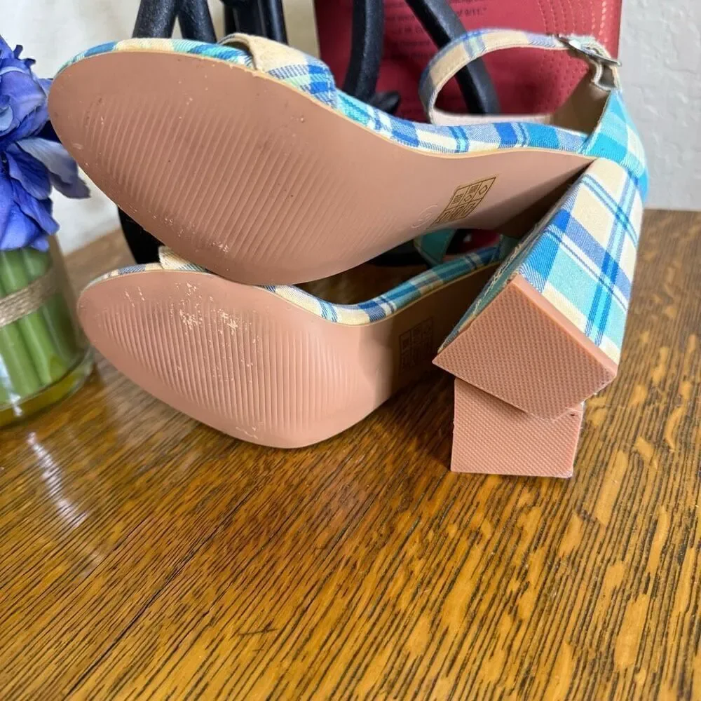Dolls Kill Mojito Just Flawless Blue & Yellow Plaid Block Heel Sandals Sz 5/6